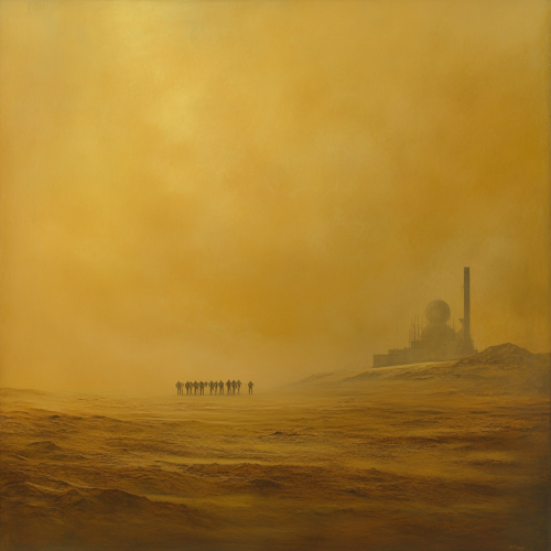 A lonely planet with army in misty formation