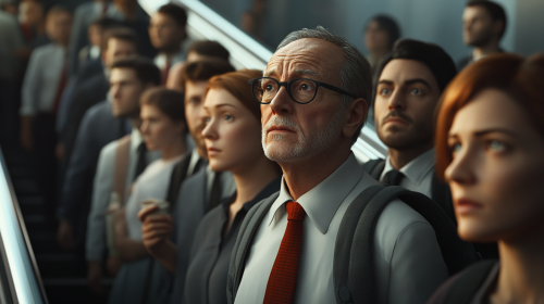 A long line of office workers waiting to go up an escalator