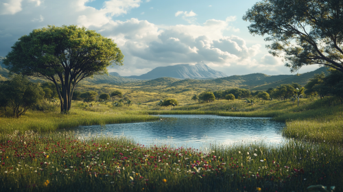 A lush African landscape with a small lake
