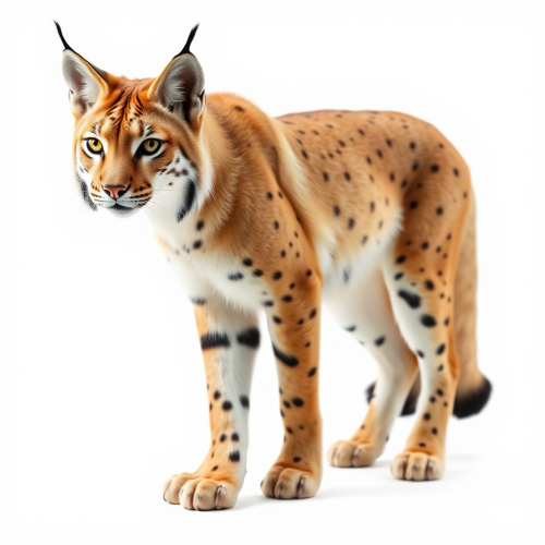 A lynx standing on two legs, looking ahead.