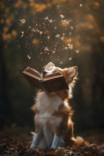 A magical dog reading a book
