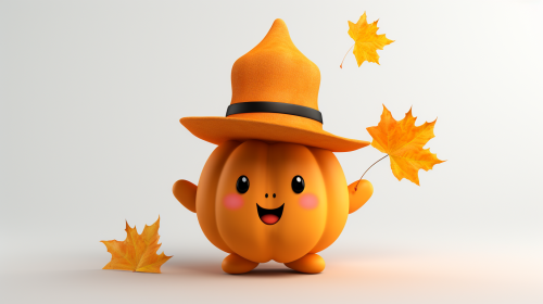 A magical pumpkin with wand and hat, autumn scene
