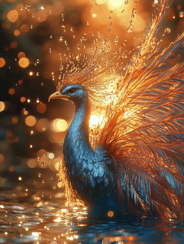 A majestic blue phoenix rises from river at sunrise