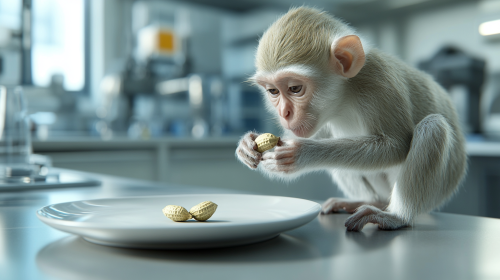 A makak reaching for a peanut in a lab