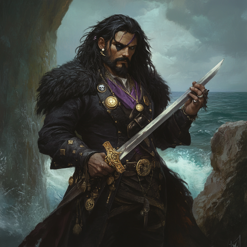 A male pirate with black beard and ringed fingers standing on cliff with sword.