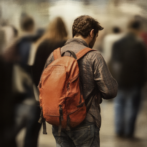A man adjusts backpack at security checkpoint peacefully