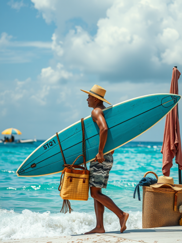 A man carrying surfboard and beach gear.
