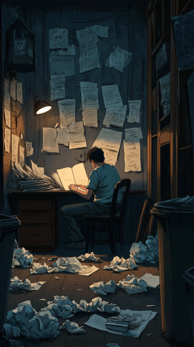 A man drawing cartoons in messy room