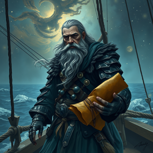 A man druid on a ship with stars.