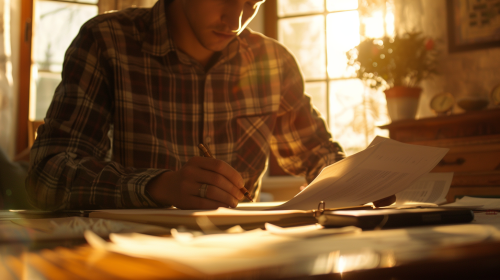 A man filling out papers under natural light