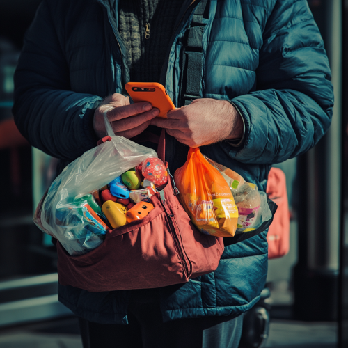 A man holds groceries, toys, phone under sunlight.
