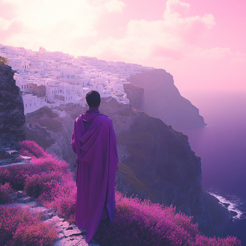 A man in Greek clothes looks at Greece