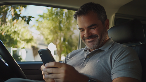 A man in a car smiling at his phone