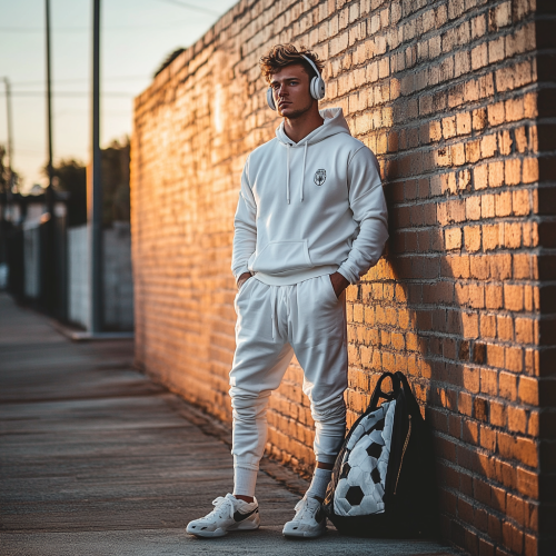 A man in all white outfit by brick wall