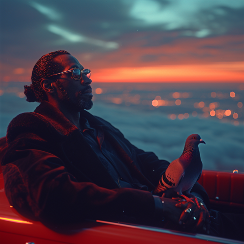 A man in black coat sits on red car.