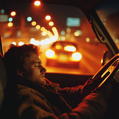A man in car at night with headlights, moody
