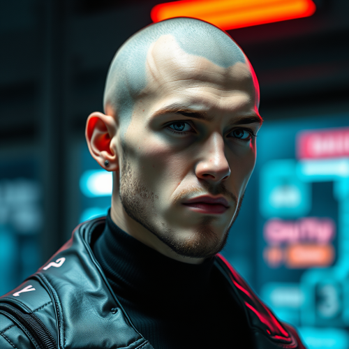 A man in futuristic clothes with facial hair.