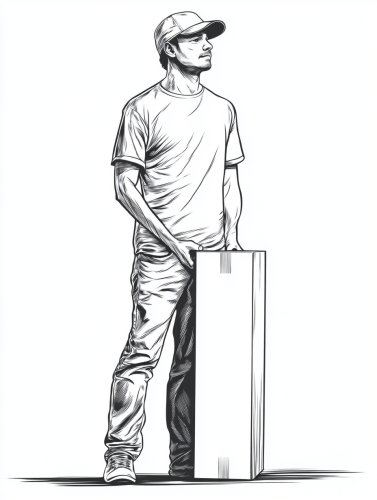 A man in hat holding shipping box.