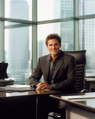 A man in suit smiles behind office desk
