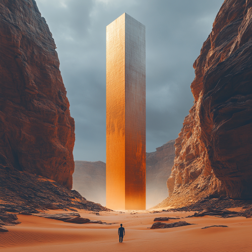 A man looks at big building in desert.