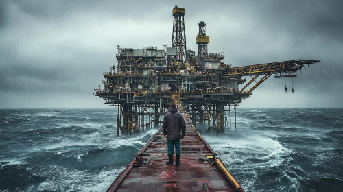 A man on oil rig during storm, attacked