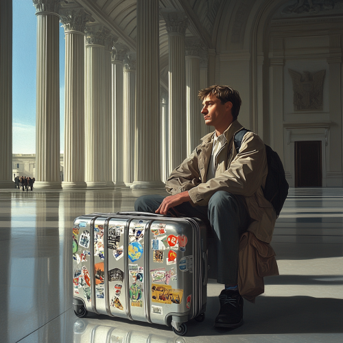 A man sits on suitcase covered in travel stickers