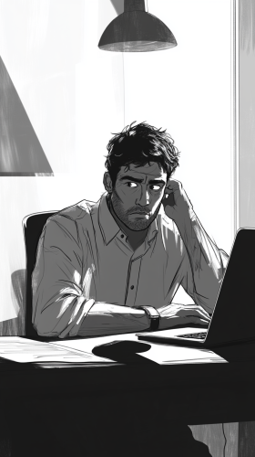 A man sitting at desk with laptop, looking bored