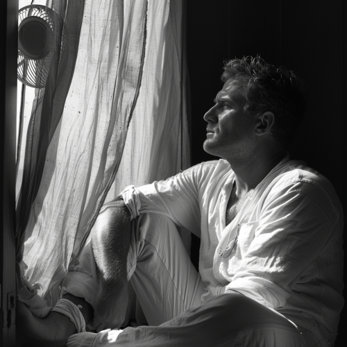 A man sitting by a window on summer
