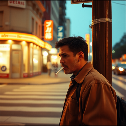 A man smoking on street corner at night.