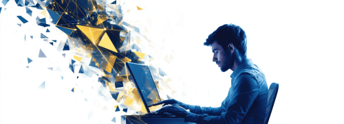 A man trading on computer with geometric shapes.