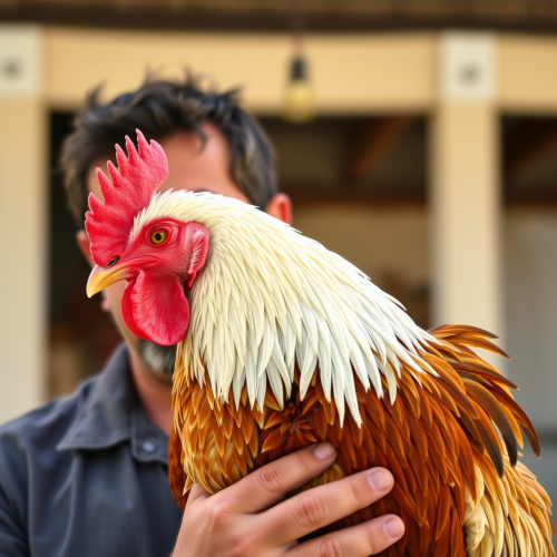 A man with a chicken friend.