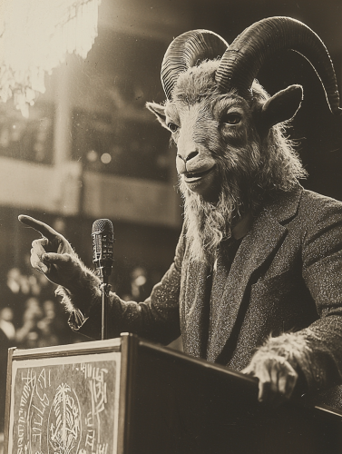 A man with a goat and demonic horns speaking.