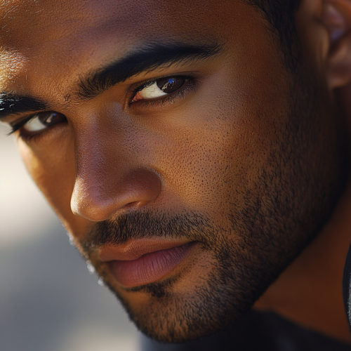 A man with focused gaze and engaging expression