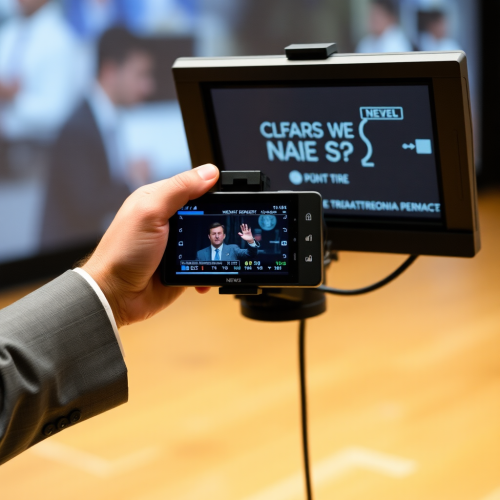 A man with large hands holds news teleprompter.