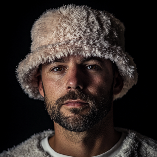 A man with stubble wearing fur hat