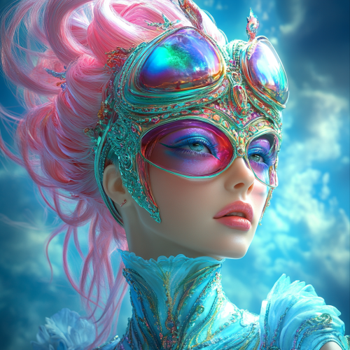 A mannequin in colorful outfit with pink hair.