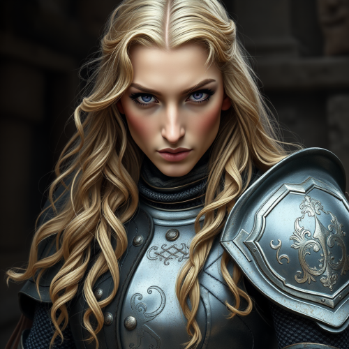 A medieval androgynous female warrior in armor.