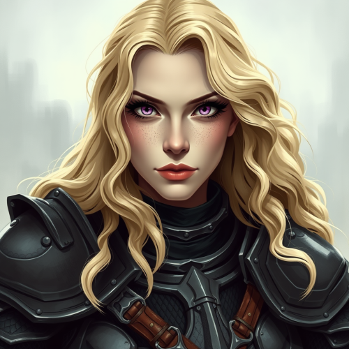 A medieval androgynous female warrior with purple eyes.