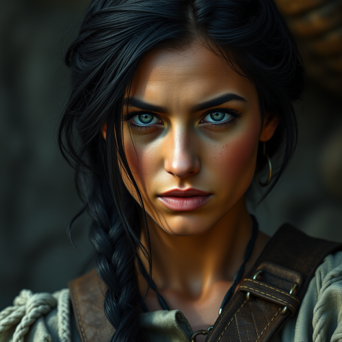 A medieval female pirate with black hair.