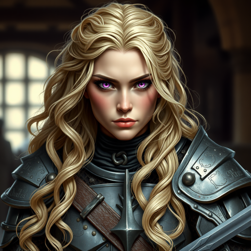 A medieval female warrior with long blonde hair.
