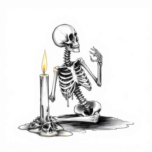A melting skeleton in a candle sketch.