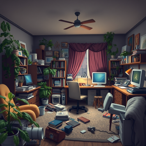 A messy teenager's room with many objects.