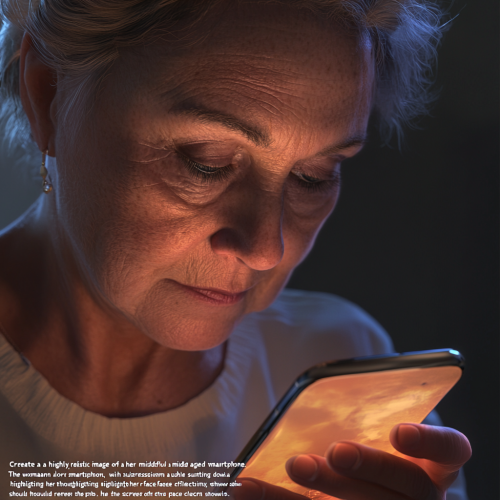 A middle-aged woman looking at smartphone thoughtfully.