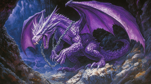A mighty purple dragon in a cave roaring