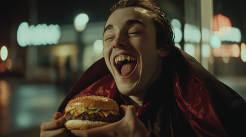 A millennial wearing a vampire cape eats burger