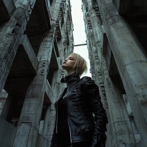 A model wearing big black jacket in maze