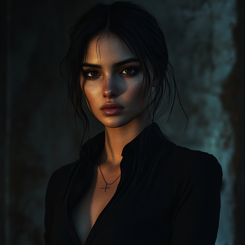 A model with dark hair in high fashion