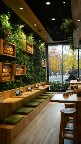 A modern, eco-themed restaurant with nature-inspired design