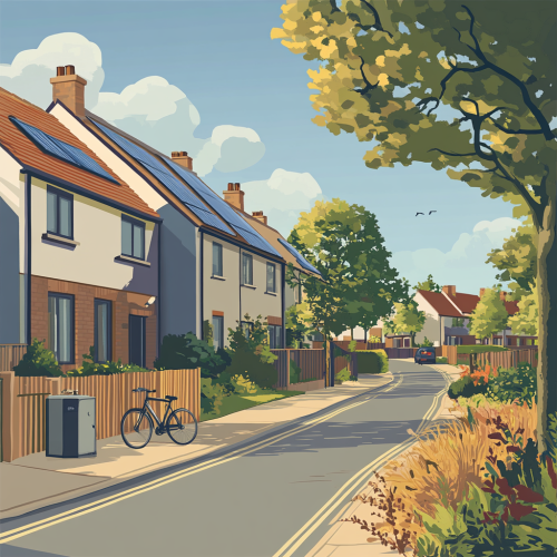 A modern house with bike, solar panels, and tree-lined street.