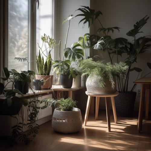 A modern house with indoor plants and frames